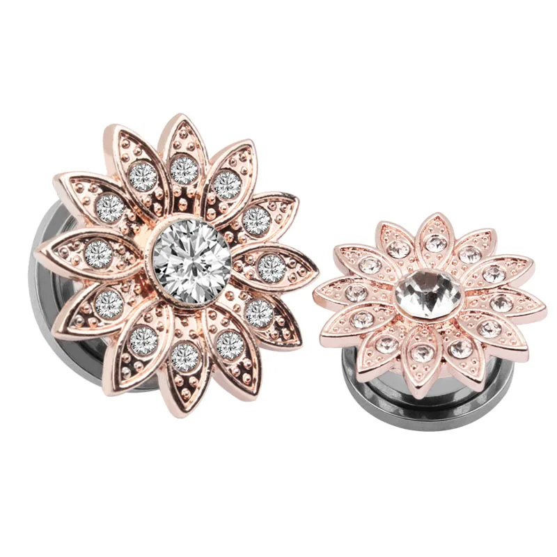 New Fashion Zircon Flower Design Round Rose Gold Screw Tunnels Piercing Ear Gauges Stretcher Body Jewelry Piercings Flesh Plugs