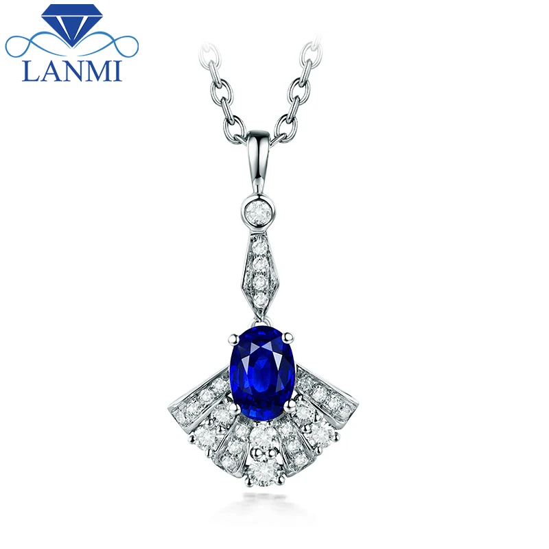 

LANMI Oval Blue Sapphire Diamond Pendants Necklace Real 14K White Gold Fine Jewelry For Women Anniversary Gift