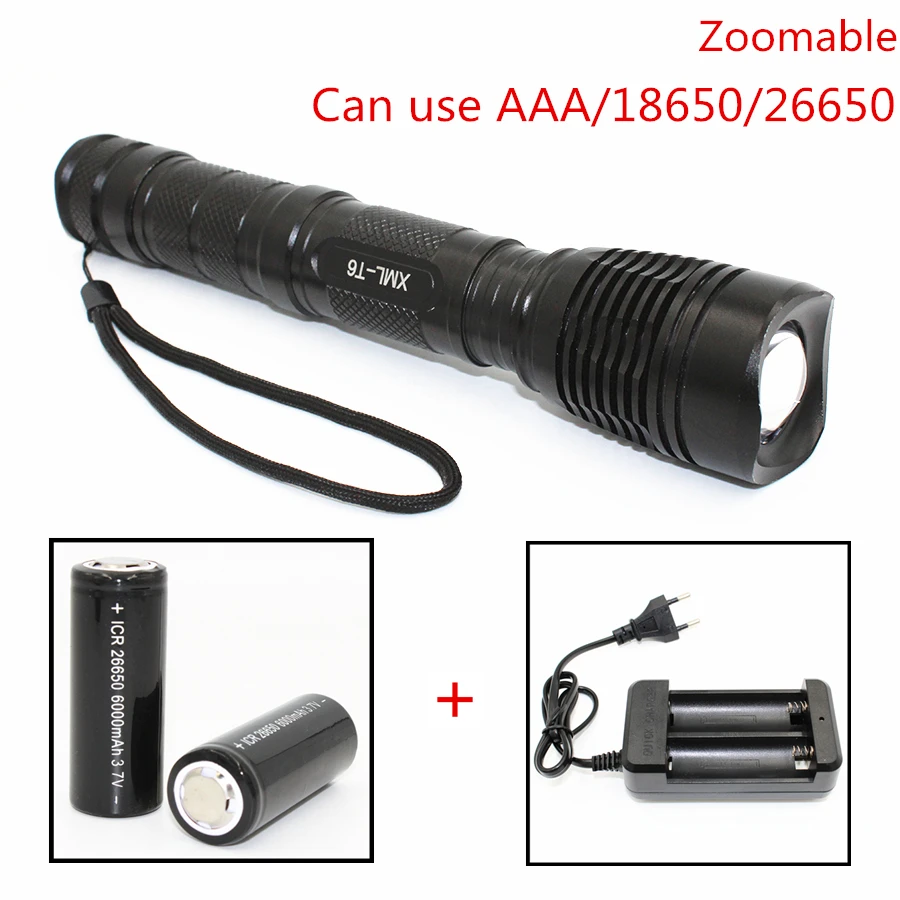 

Светодиодный фонарик XM-L T6, 5 режимов, зум, светильник емый фокус, алюминиевый фонарь с питанием от батарейки AAA/18650/26650