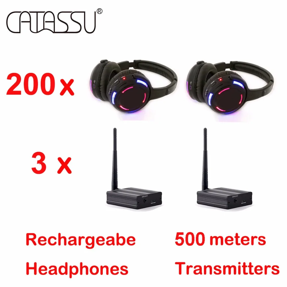 500m RF Silent Disco Wireless Headphone 200 Pcs LED Headsets Plus 3 Channels Transmitters for Broadcast Events Party Meeting