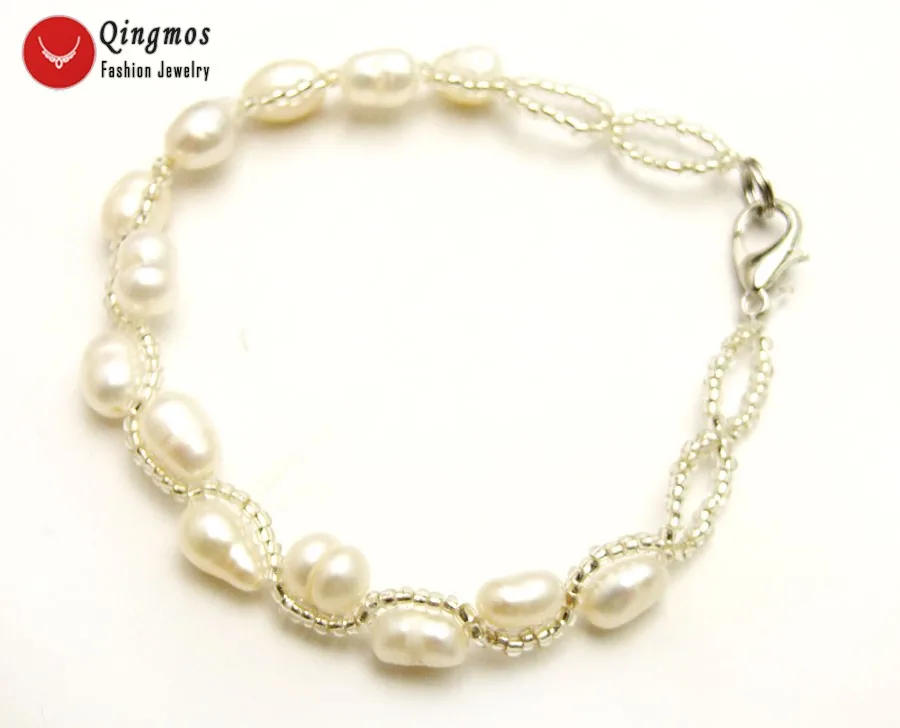 

Qingmos Natural Pearl Bracelet for Women with 5-6mm White Rice Pearl & Crystal Handwork Weave Bracelet Jewelry bra427 Free Shipp