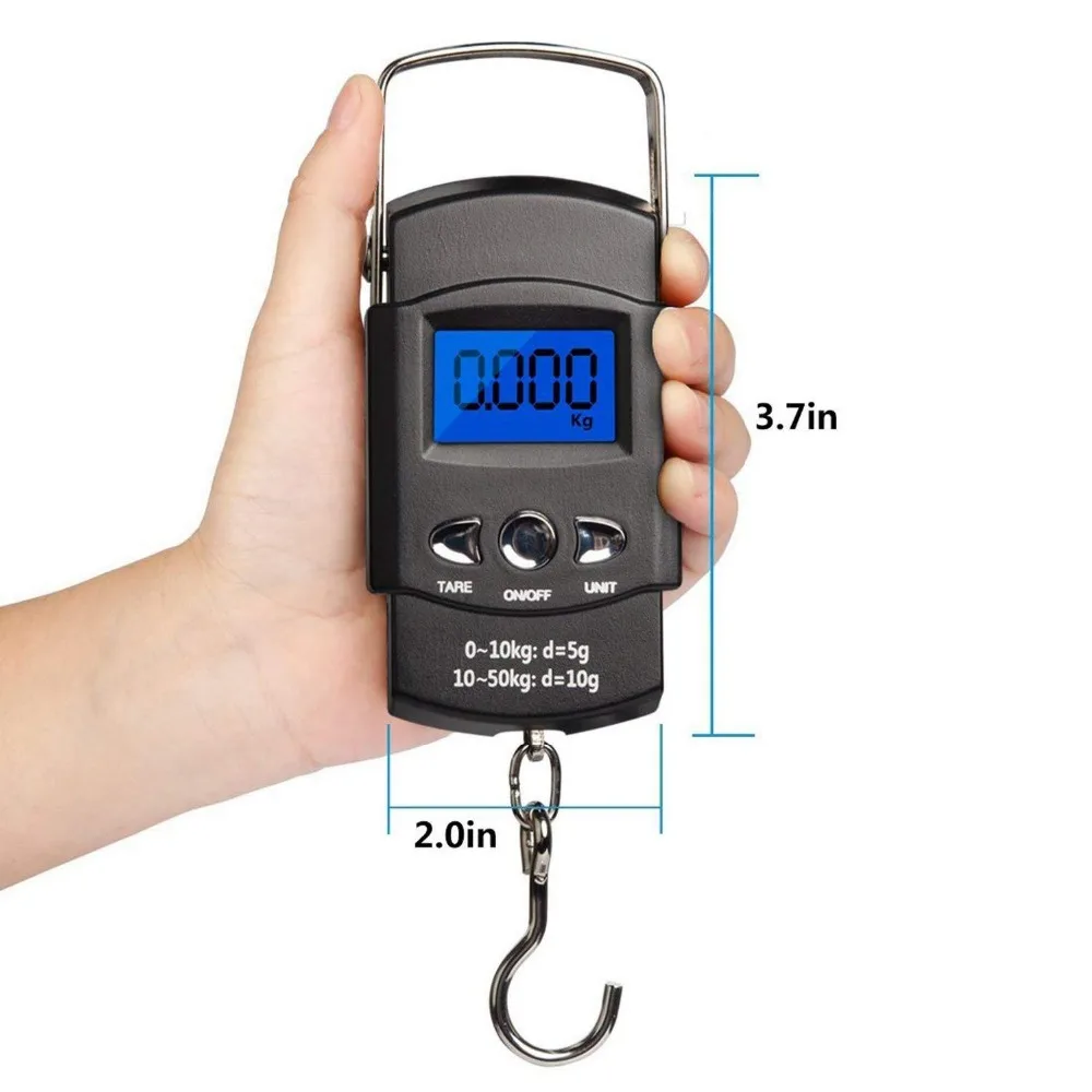 50kg Portable LCD Electronic Hand Scale, Travel Hanging Fish Scale with 1m ruler