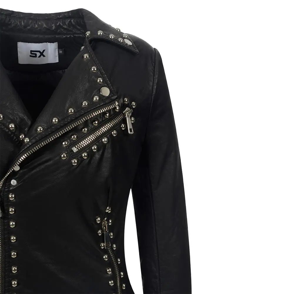 SX Gothic PU faux leather Belt Rivet Jacket Women Autumn Winter Fashion Motorcycle Jacket Black PUNK Outerwear 2019