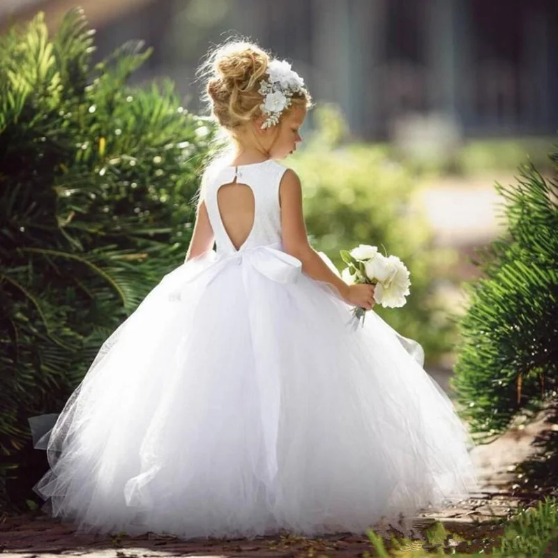 Vestidos blancos elegantes de flores para niña, tul esponjoso sin mangas para boda, vestido Formal para niña, vestido de fiesta de graduación para primera comunión para niños