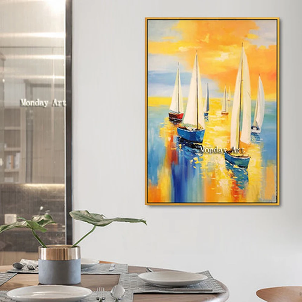 

Canvas oil painting handmade boat sailing modern painting caudros decoracion wall art picture for living room home decor quadro