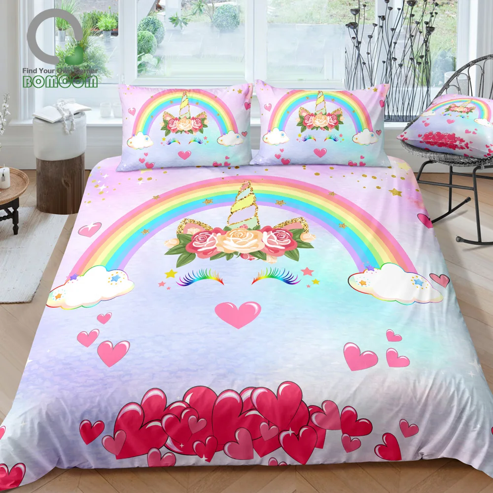 BOMCOM 3D Digital Printing Pink Unicorn Head Smiling Unicorn Face Glitter Star Pink Heart Nose Bedding Sets 100% Microfiber