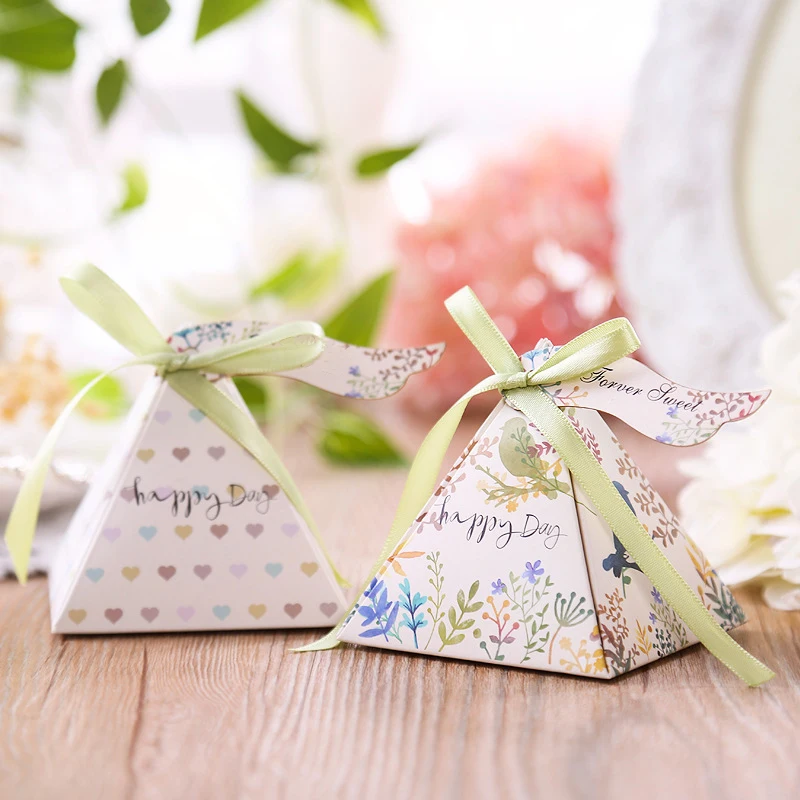 RMTPT 50pcs/lot Many styles Triangular Pyramid gift box wedding favors and gifts candy box baby shower boxes for gifts