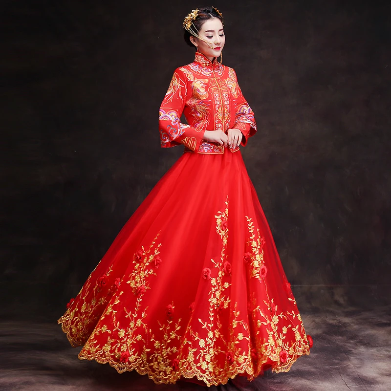 

Autumn Traditional Show bride dress clothes long-sleeve chinese style Wedding cheongsam evening dress red vintage dragon gown