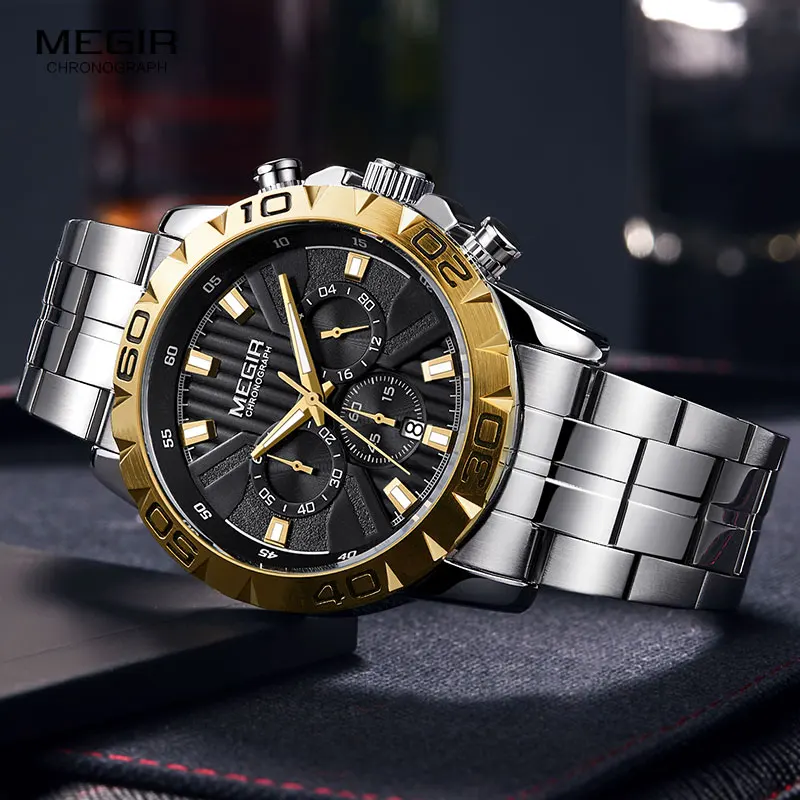 MEGIR herren Business Chronograph Quarz Uhren Wasserdicht Leucht Armee Armbanduhr Uhr Mann Relogios Masculino Uhr 2087 Gold