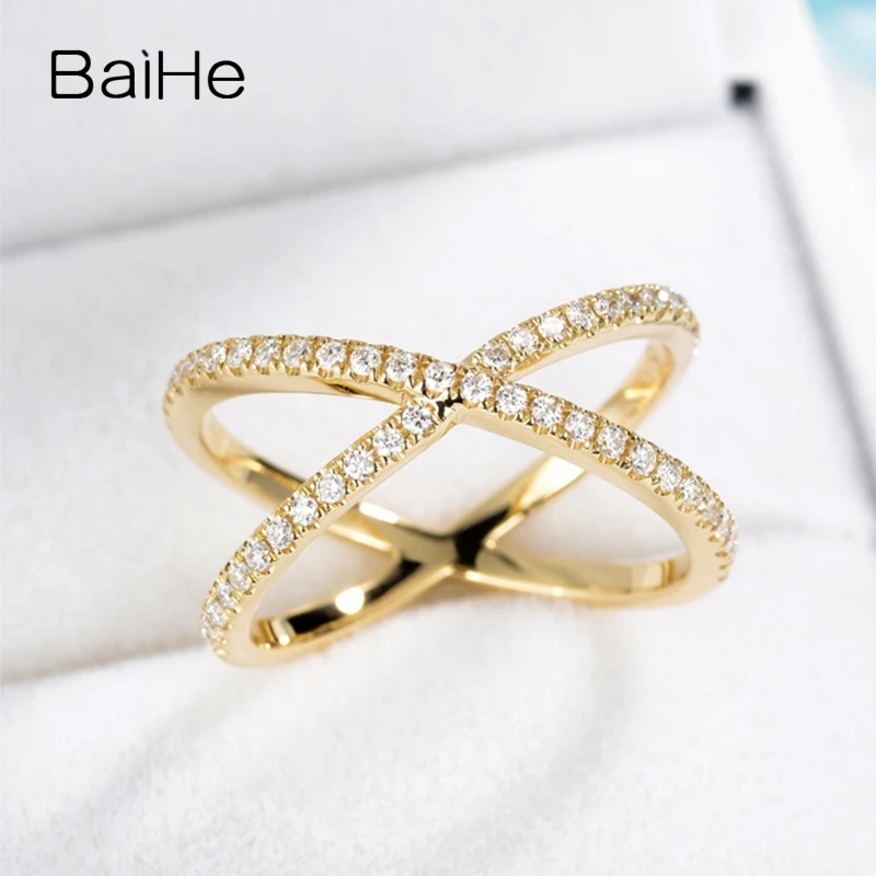 BAIHE Solid 14K Yellow Gold 0.28ct H/SI Natural Diamond X Ring Women Engagement Trendy Fine Jewelry Making Anel squillo prsten