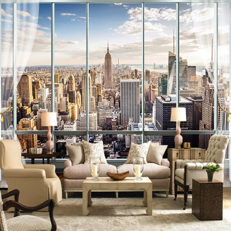 Custom Photo Wall Mural 3D Stereo Window New York City Building Landscape Wallpaper For Office Living Room Home Decor Wall Cloth