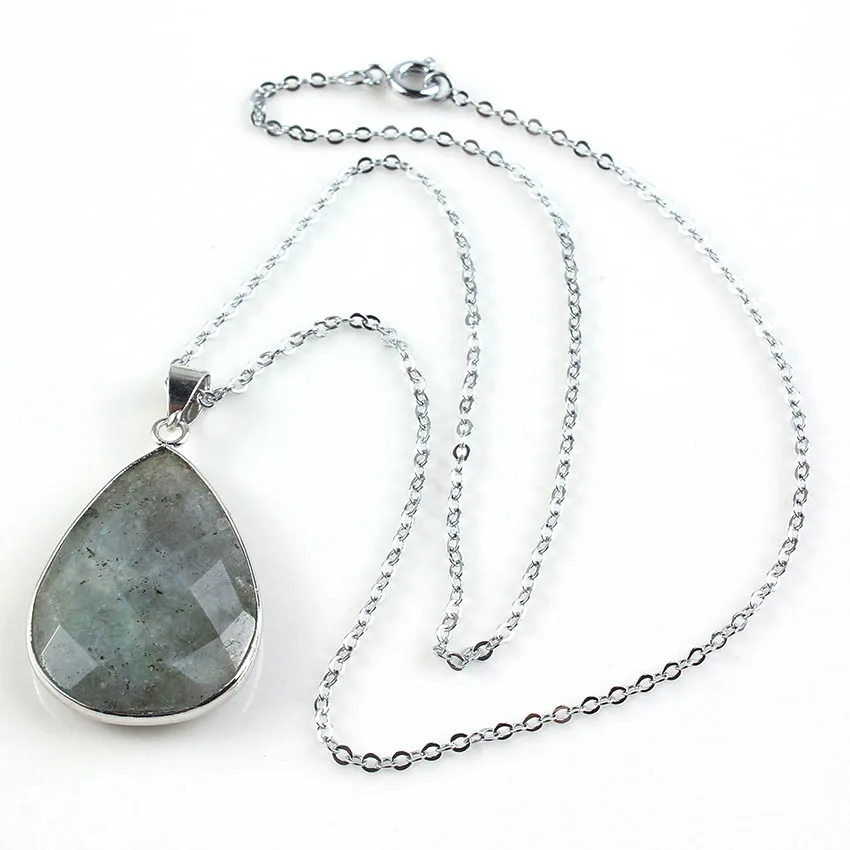 Labradorite Stone Pendant Necklace for Women Men Natural Water Drop Faceted Spectrolite Crystal Stone Pendant Chain Jewelry