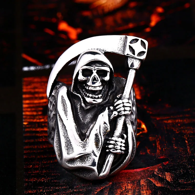 BEIER Wholesale Classic Rock Punk Skull grim Reaper Ring For Man Stainless Steel Man\'s Fashion Jewelry Party Gift BR8-949