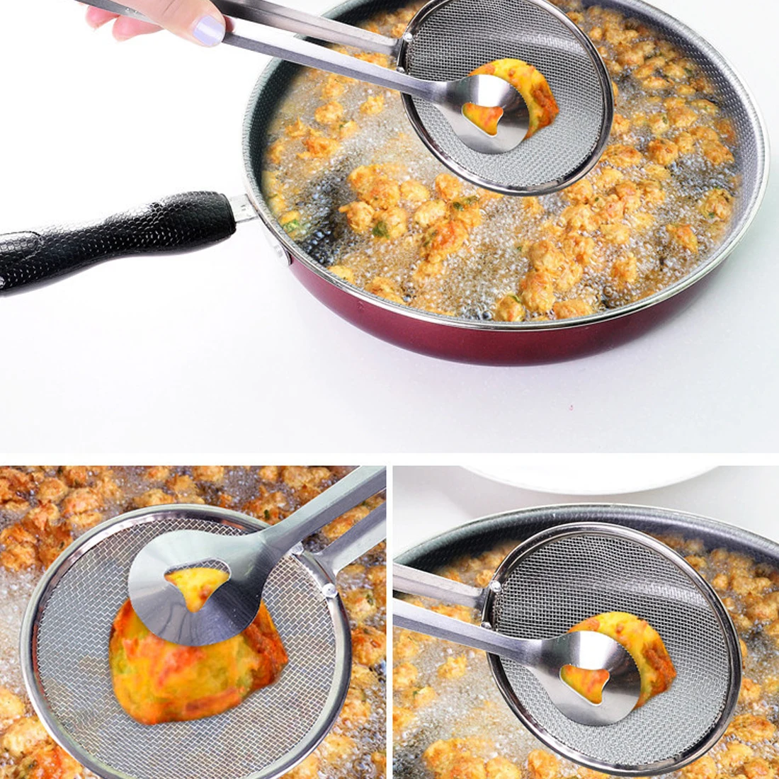 Stainless Steel Fried Food Oil Scoop Kitchen Colander Strainer Drain Oilfolder for Kitchen Accessories Gadgets Supplies