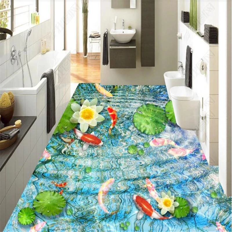 

Lotus koi water pattern floor waterproof self-adhesive bedroom 3D floor tiles Custom home bathroom 3D wallpaper