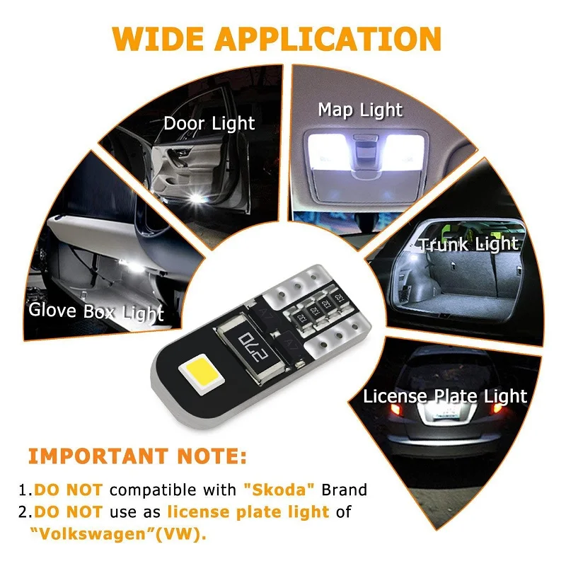 10x W5W T10 LED Canbus Bulb for Lada Vesta Granta Kalina Niva Renault Duster Megane Car Interior Light Dome Trunk Parking Lights
