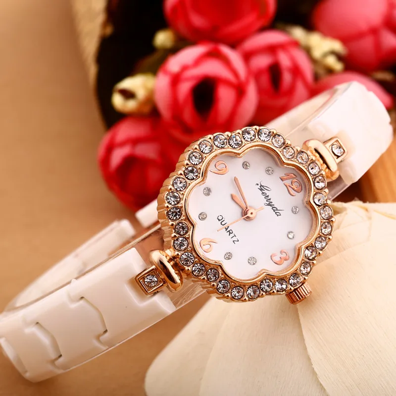 

Flower shape alloy case,gold plating,diamond deco on case,copy ceramic band,Gerryda fashion lady woman quartz ceramic watches