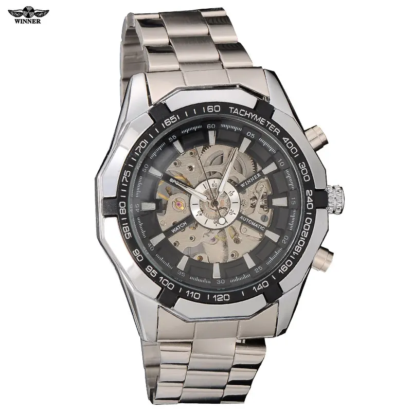 

2023 Winner brand Luxury Sport men's Automatic Skeleton Mechanical Military fashion casual Watch Men Silver full Steel Band