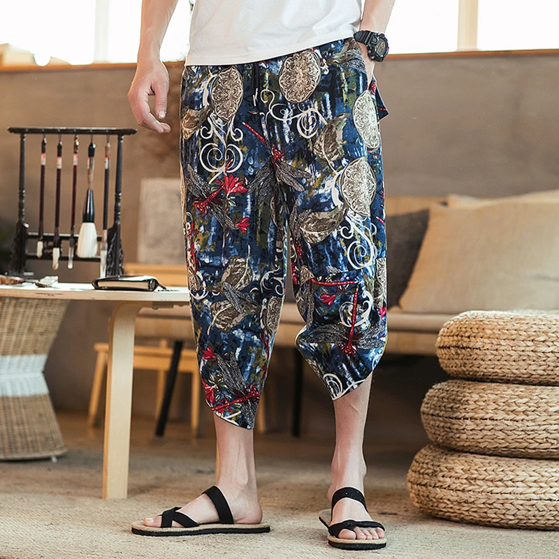 Summer Casual Loose Shorts Men Hip Hop Trousers Male Print Vintage Flowers Print Calf Length Short Beach Mens Linen Clothing 5XL