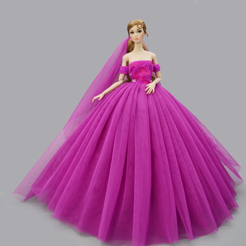 Purple Fashion Doll Clothes for Barbie Doll Dress Princess Evening Dresses Party Gown Outfits With Veil 1/6 Doll Accessories
