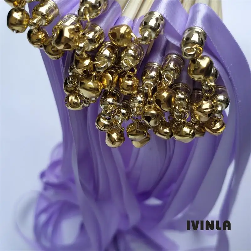 

50pcs/lot purple wedding ribbon wands with gold bell for wedding decoration