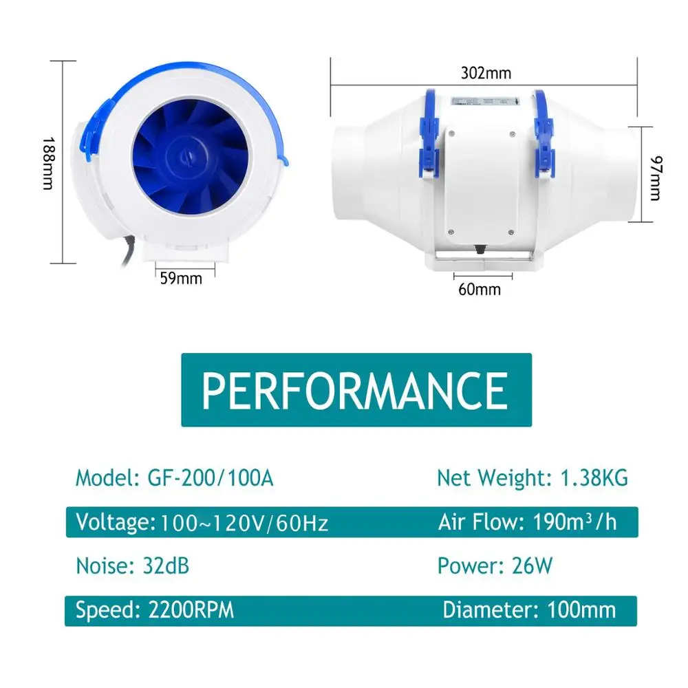 Hon&guan 4'' Zajtalan inline ducted Gabonarosta 110V Szellőztet extractor számára Üvegház Kertészkedés hydroponics Szellőzőnyílás Halálra fáraszt