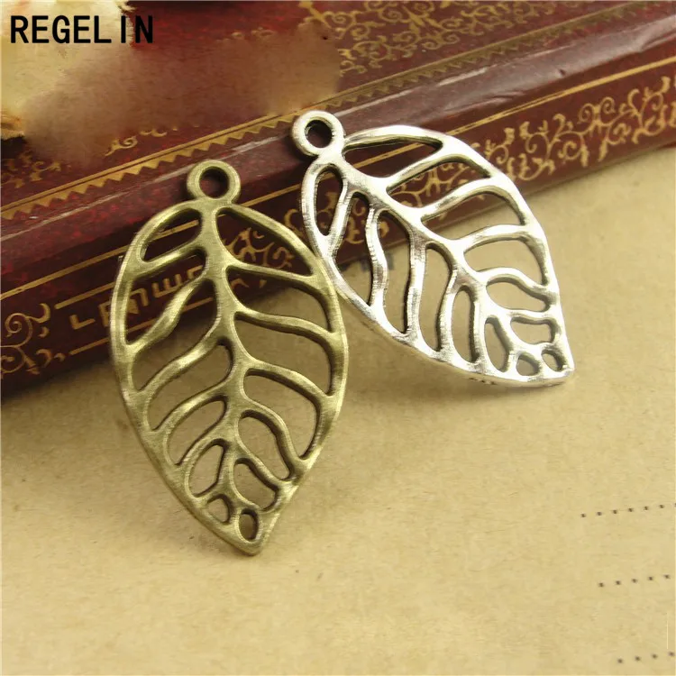 REGELIN ทิเบต 30x18 มม.สีเงิน/Antique Bronze Hollow Tree Leaf Charms Antique Bronze ใบ 20pcs เครื่องประดับ DIY เครื่องประดับ