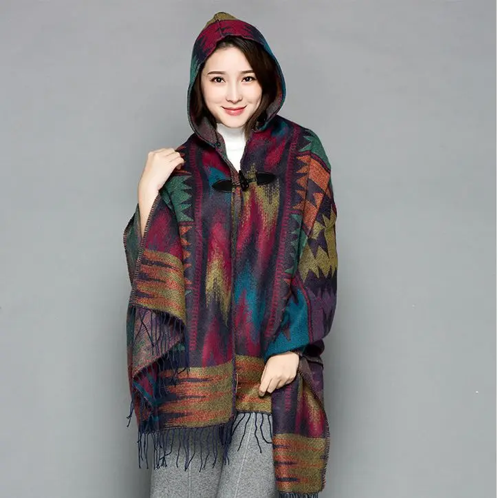 Nepal National Style Cashmere Pashmina Furcal Shawl Women's Winter Hooded Poncho Scarves Shawl Wrap Travel Photo Blanket