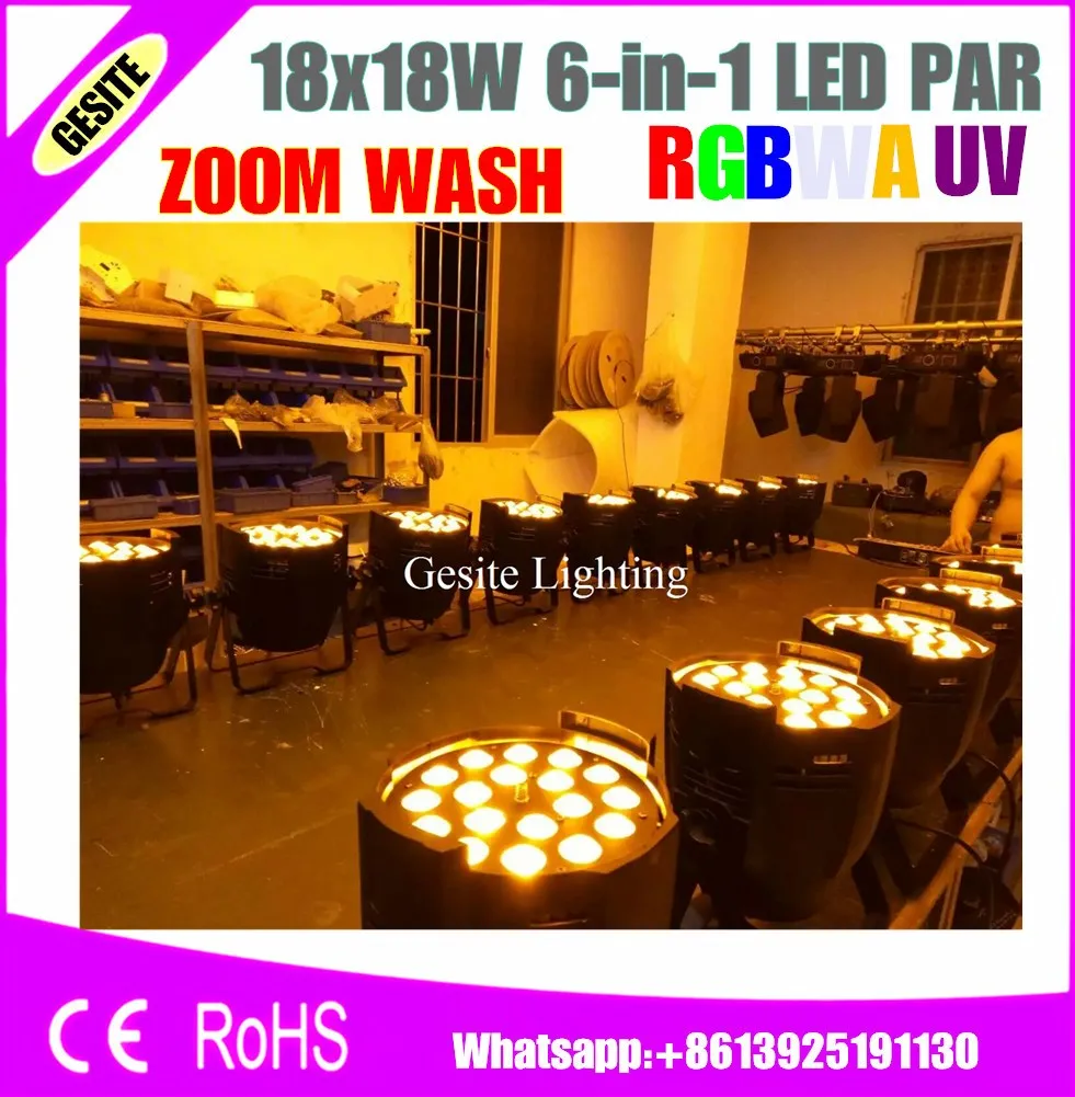 2pcs/lot par led 18x18w Zoom Light RGBWA UV 6IN1 DMX Par Can DJ Uplighting Up Light Black Color Aluminum