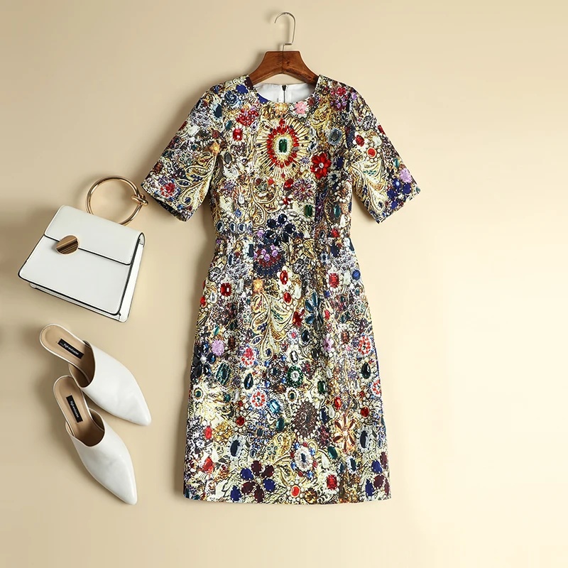 Women Runway Dress 2023 High Quality O-Neck Short Sleeve Printed Beading Casual Mini Dress NP0698N