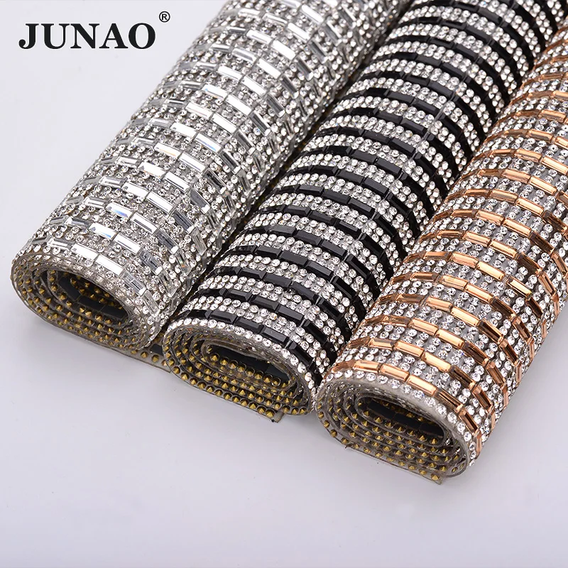 JUNAO 24*40cm negro claro Hotfix cristal Rhinestone malla adorno cristal hoja de tela Strass cinta ropa apliques joyería artesanal