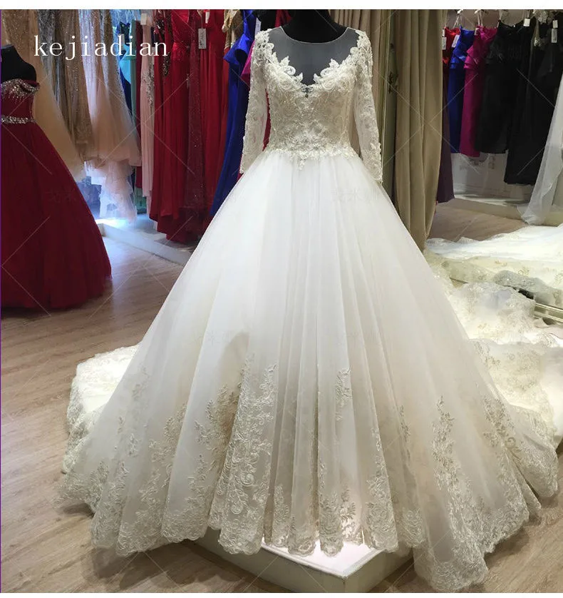 Vestido de novia de manga larga de encaje de princesa de lujo, traje de baile de talla grande, 2021