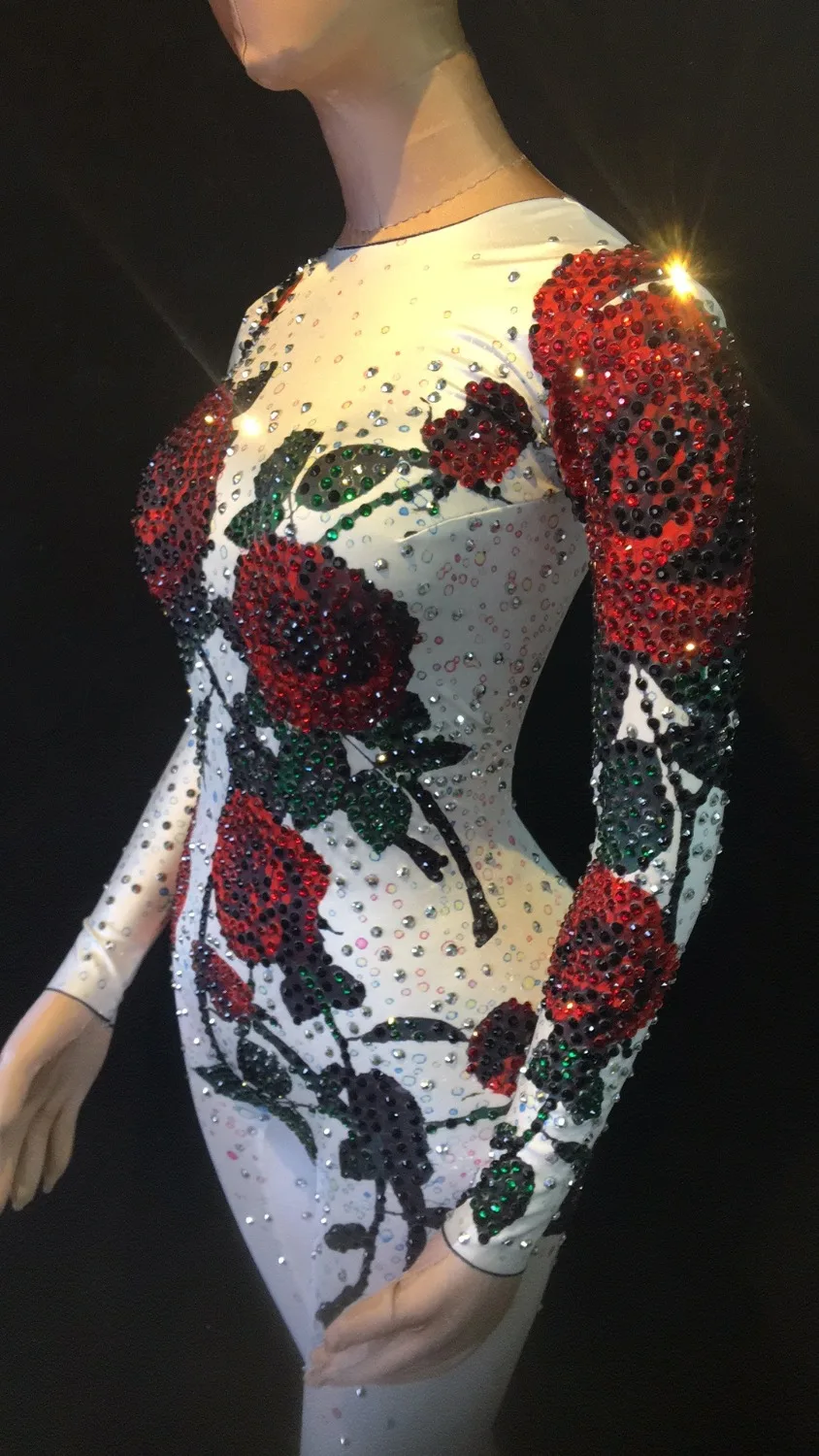 Women New Sexy Black White Jumpsuit Colorful Sparkling Rhinestone Bodysuit 3D Printed Roses Nightclub Party Dancer Stage Wear