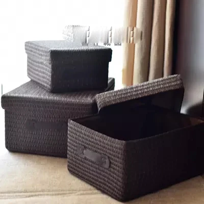 Covered Storage Box Thickening Imitation Grass Woven Storage Basket Desktop Clothing Storage Box Large Drawer