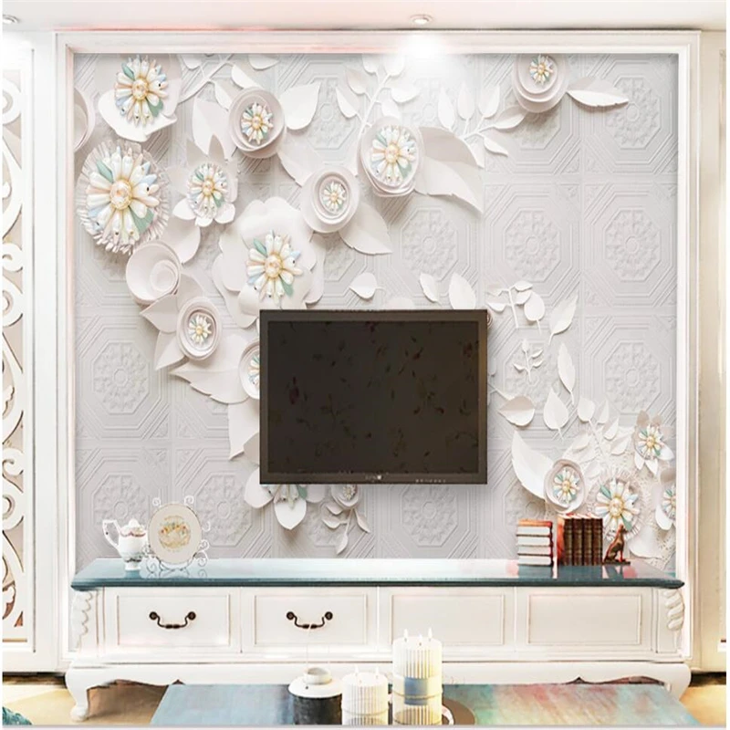 wellyu  Nordic wind light luxury jewelry flower leather carving background wall custom large fresco green wallpaper