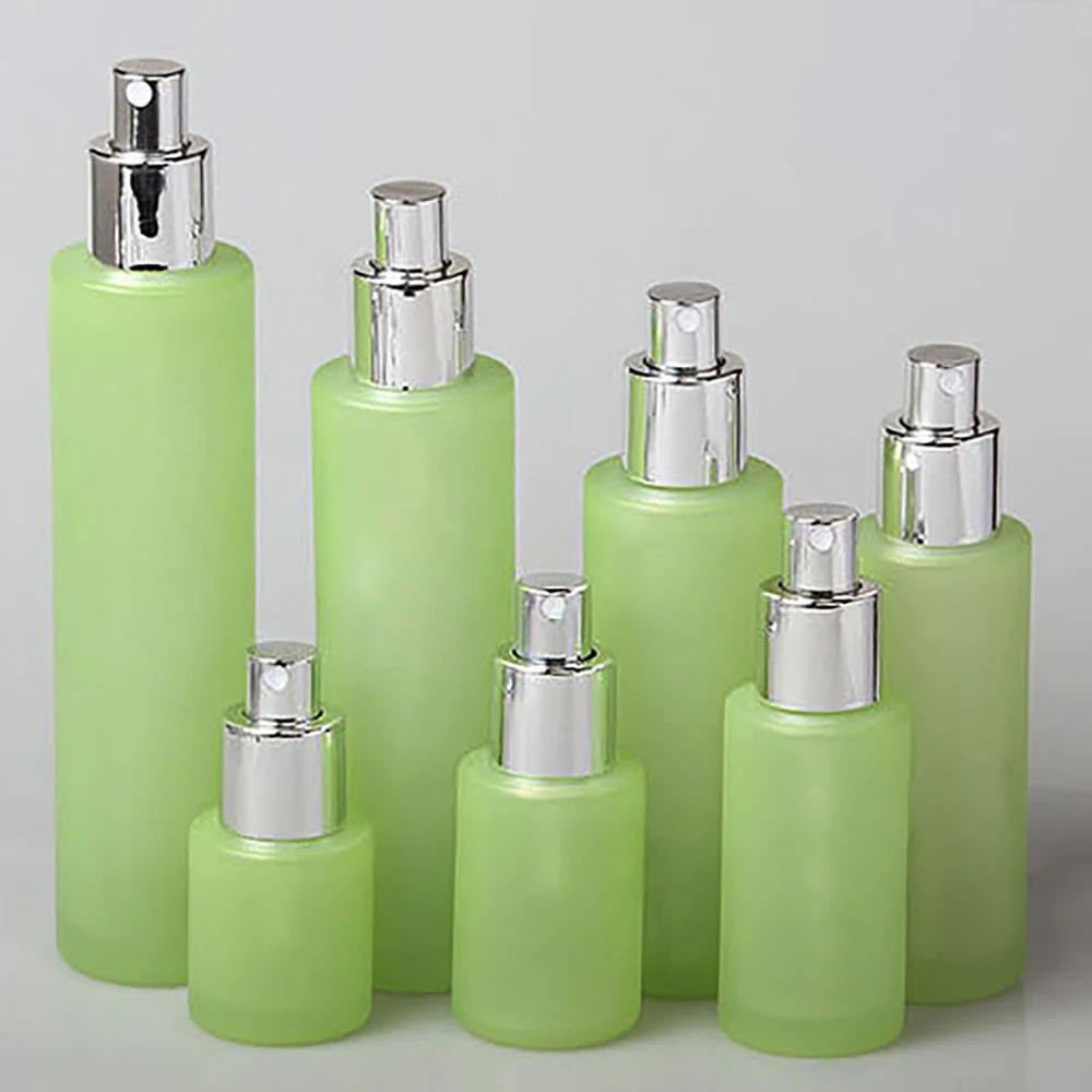 

100ml Pump Glass Bottle with Lotion/Spray Pump,Green Frosted with Gold/Silver Cap