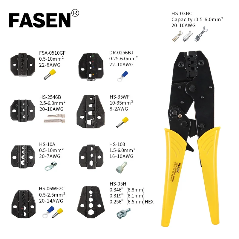 HS-03BC Ratchet Wire Terminal Crimping Pliers Jaw Replacement Clamp Tools 230mm Hand Crimping Tool Kit