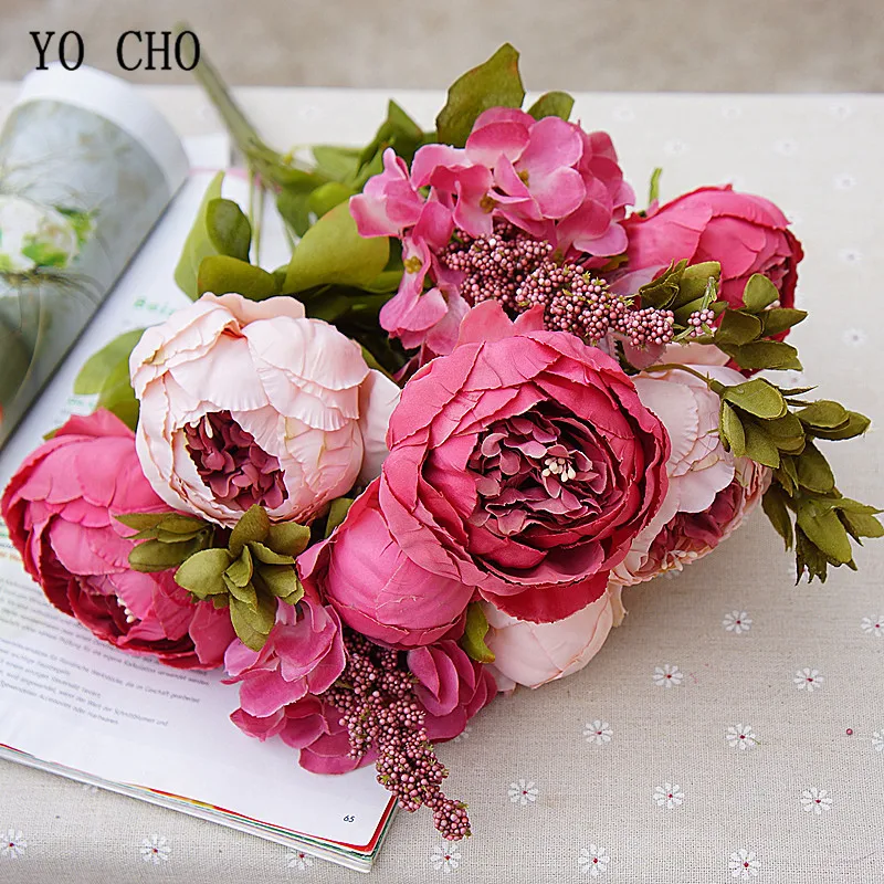 YO CHO Bride Wedding Bouquet Artificial Silk Peony Bouquet DIY Home Party Decorations Table Center Ornaments False Flowers