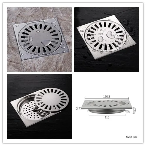 Brushed 150*150mm stainless steel bathroom toilet floor drain balcony Shower room drainer square shape,Large flow