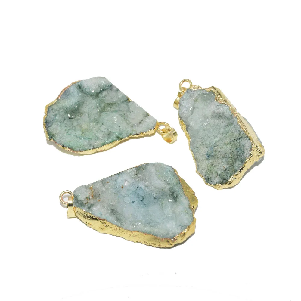 Gold plated natural stone druzy pendant necklace for women jewelry organizer blue raw quartz druzy connector for diy accessories