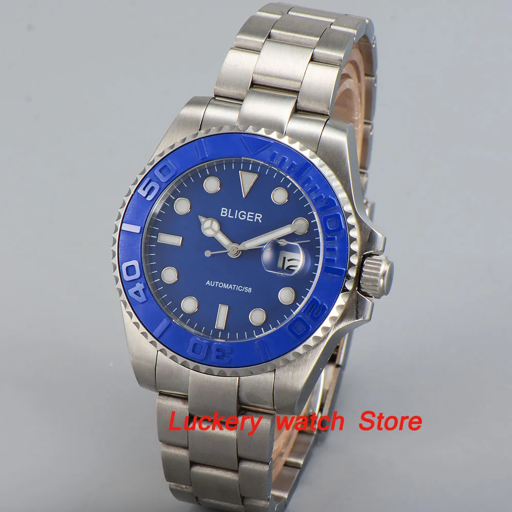 

40mm Bliger blue dial luminous saphire glass;blue Ceramic Bezel Automatic movement men's watch-BA15