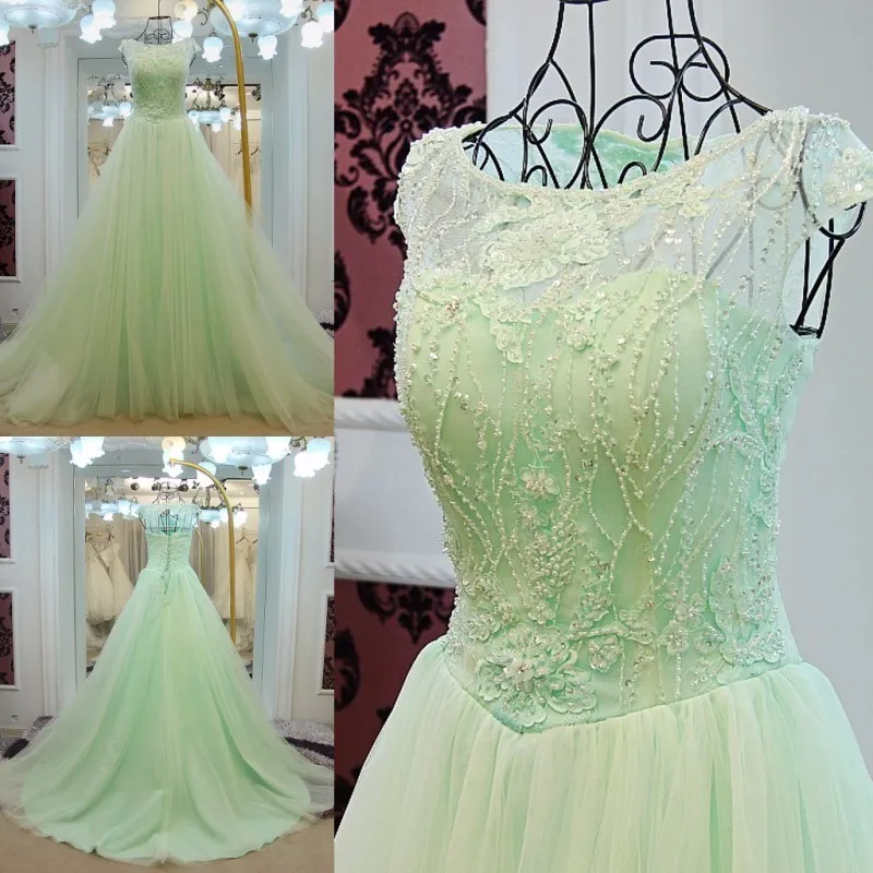 Custom Made Elegant A-line Tulle Beads Pearls Lace Dubai Long Evening Gowns Evening Dress Special Occasion Dresses CH67