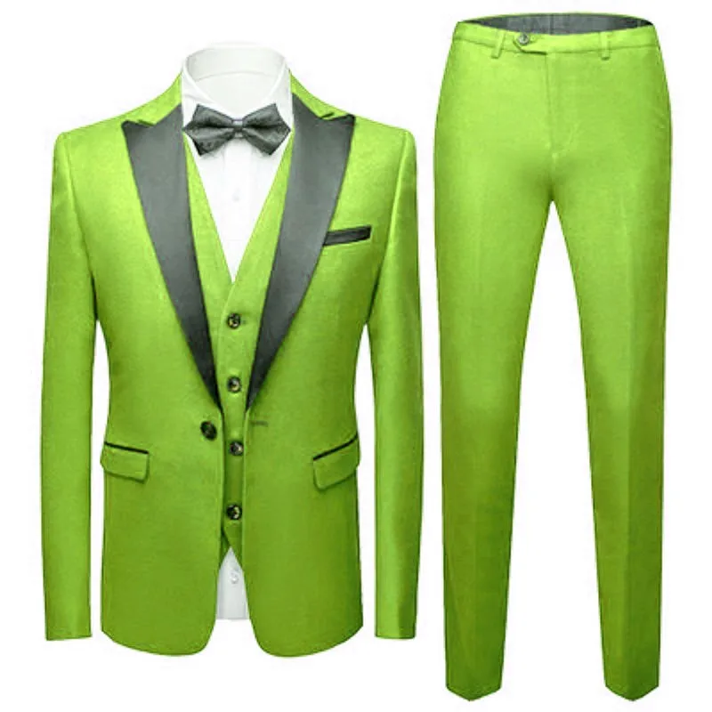 Custom Made Groomsmen Lime Green Groom Tuxedos Peak Black Lapel Men Suits Wedding Best Man Blazer ( Jacket+Pants+Vest+Tie ) C484