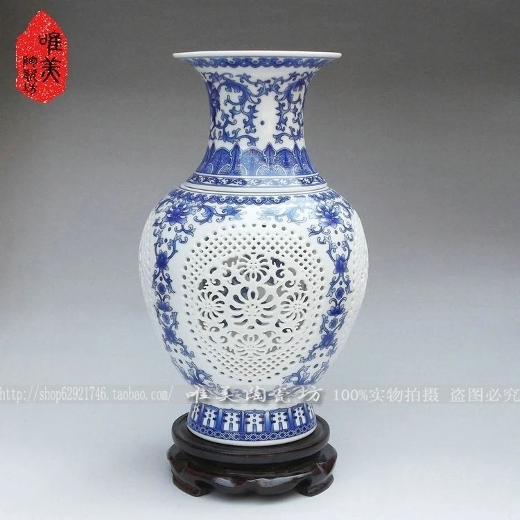 Ceramics blue and white cutout bottle double layer cutout sculpture vase blue and white porcelain fish tail bottle