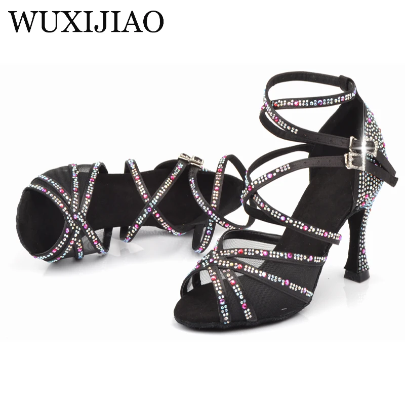 WUXIJIAO Ladies Latin dance shoes with black satin rhinestone style high heels salsa dancing shoes heel 9cm