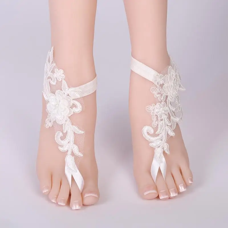 Cavigliera in pizzo da donna della boemia con fiocco floreale, accessori per piedi da sposa da spiaggia, puntelli per foto di Halloween femminili