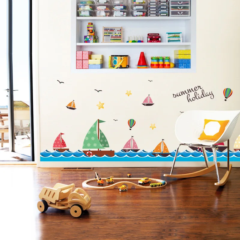 Sailboat On The Sea Wall Stickers For Kids Children\'s Room Living Room Bedroom Home Baseboard Decoration Mural Decals Wallpaper