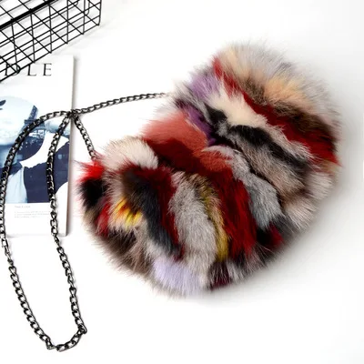 luxury Ladies fox fur women clutch bags patchwork blosa party bag chians shoulder bag zipper winter female purse crossbody bag