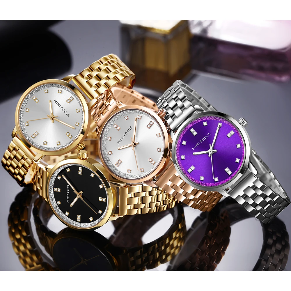 Jam tangan wanita fokus MINI jam tangan Quartz baja emas perhiasan kristal wanita Fashion mewah jam tangan elegan untuk wanita