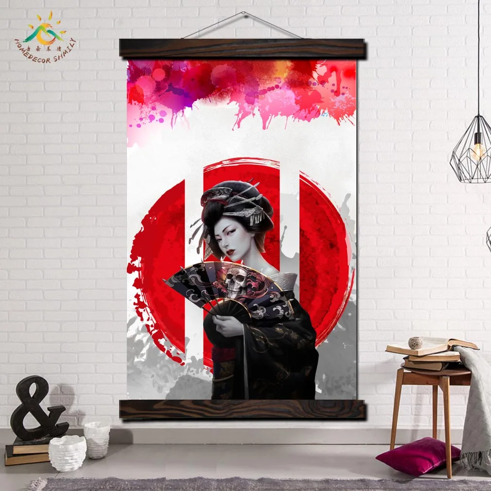 

Red Sun Geisha Japan Modern Wall Art Print Picture And Poster Hanging Scroll Canvas Painting Home Decoration